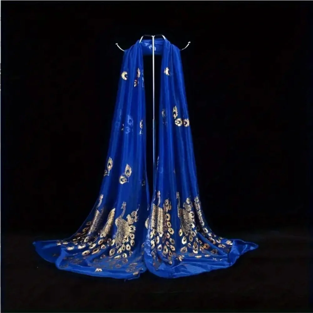 Cobalt Blue Golden Peacock Sheer Rectangular Scarf